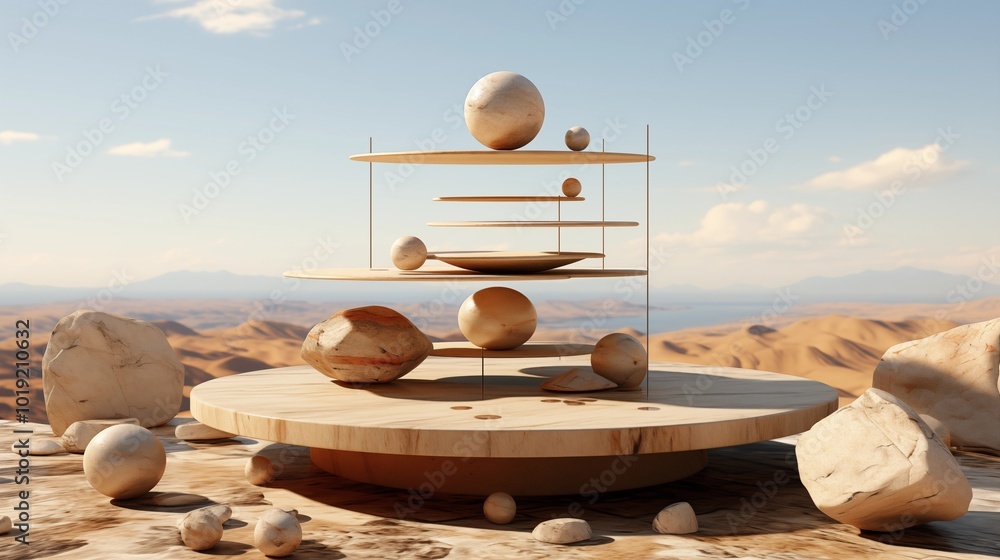 Poster primitive elements in balance . confidence and impossible balance concept . this is a 3d render illu
