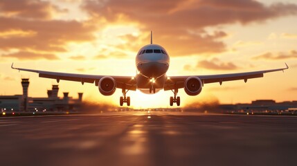 An airplane majestically taking flight near an airport during a spectacular sunset, illustrating the fusion of technology and the beauty of twilight skies.
