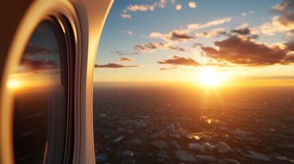 As the airplane cruises, the setting sun casts a golden glow over the clouds and land below, captured beautifully through the window, embodying a sense of wonder.