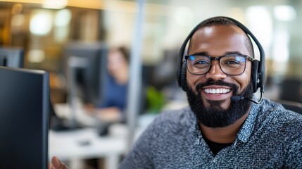 Naklejka premium A cheerful man with a beard and glasses wearing a headset, sitting in a bright, contemporary office environment, epitomizing customer service and professionalism.