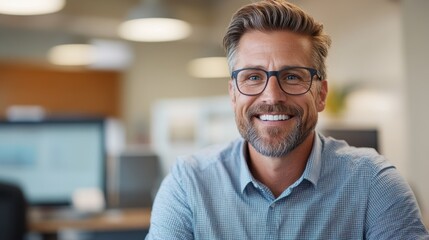A mature man with stylish glasses and a warm smile, set against a modern office backdrop, embodying corporate professionalism and experience.