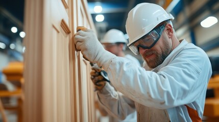 A skilled carpenter wearing protective eyewear meticulously inspects a finely detailed wooden panel in an indoor setting, focusing on quality and craftsmanship.
