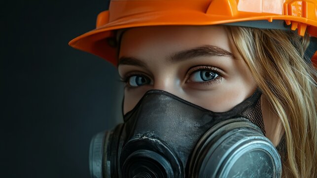 Woman wearing a respirator mask and hard hat working in a hazardous environment