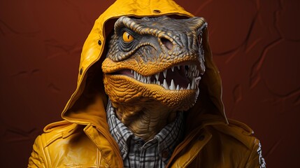 Obraz premium Quirky dinosaur mask person against vibrant yellow wall.