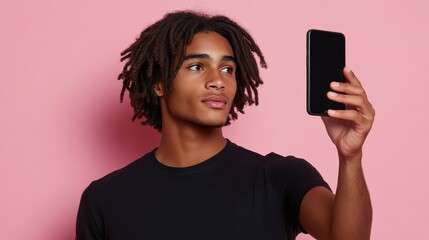Young man holding a smartphone while looking away with a thoughtful expression
