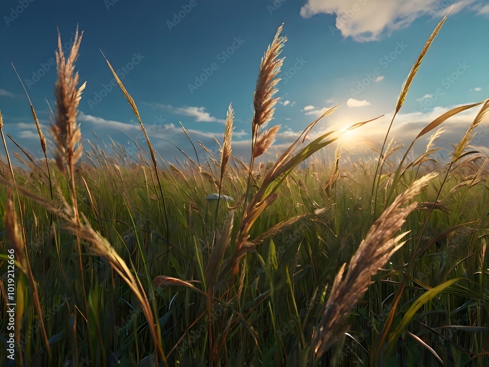 Wall mural a field of sunlit autumn reeds