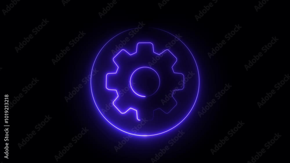 Poster neon glowing setting icon on black background animation, settings icon animation isolated on black b