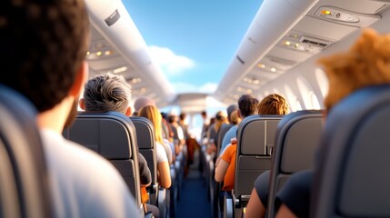 A view of airplane passengers seated in rows, under a tranquil and clear sky, enjoying the journey with the anticipation of arrival on a comfortable flight.