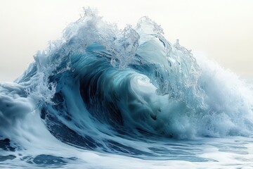powerful ocean wave cresting against white backdrop dynamic water droplets translucent aqua hues frozen moment of raw natural energy intricate foam patterns sense of motion