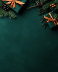 Elegant Christmas flat lay with green gifts and pine branches on a dark background. Perfect for holiday greetings and festive designs.