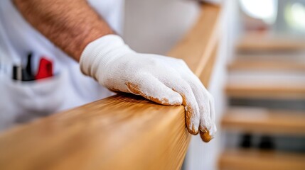 Obraz premium A man in a work outfit and white gloves focuses intently on polishing a wooden stair banister, demonstrating a commitment to precision and quality in his work.