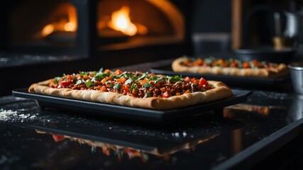Aesthetic preparation of turkish pide on a black themed kitchen. bokeh style.	