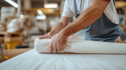 Obraz premium An artisan skillfully rolls out fabric in preparation for upholstery, showcasing craftsmanship and dedication in a well-lit workshop packed with materials and tools.