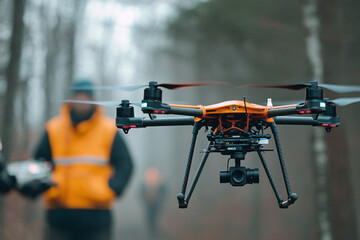 Drone hovering in focus while a person in an orange vest stands blurred in the background in a forest setting on a foggy day  
