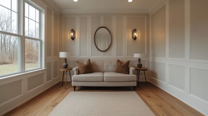Elegant living room with cozy sofa, decorative wall paneling, and natural light streaming through large windows, creating a serene ambiance.