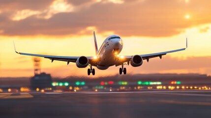 Obraz premium An elegant airplane gracefully lands on a runway as the sun sets, showcasing the beauty and precision of aviation technology in a breathtaking scene.