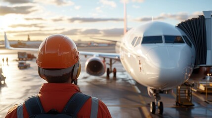 An airport staff member in safety gear closely watches over an airplane parked at the terminal, ensuring safety and operational readiness during sunset.