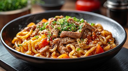 Fototapeta premium Stir-fried noodles with beef and vegetables served in a black bowl