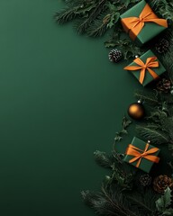 Elegant green and orange Christmas gift boxes with pine branches and ornaments on a dark background. Festive holiday decoration.