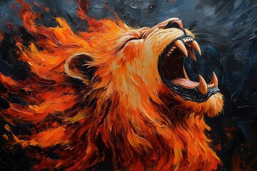 powerful portrait of a roaring fire lion radiating strength and intensity featuring vibrant flames that highlight its fierce expression and majestic mane