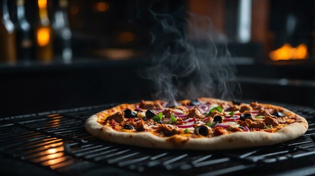 Aesthetic preparation of bbq chicken pizza on a black themed kitchen. bokeh style.	