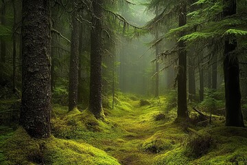Fototapeta premium Enchanting green forest with sunlight filtering through branches, casting shadows on the moss-covered ground, creating a serene atmosphere.