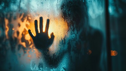 Mysterious silhouette of a person behind a fogged glass window with a glowing light