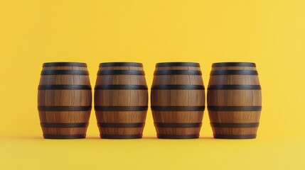Four wooden barrels lined up against a vibrant yellow background, showcasing rustic charm and simplicity in a minimalist setting.