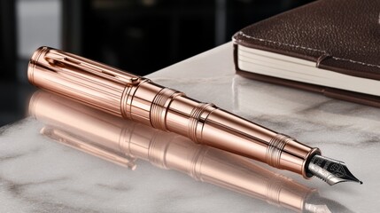 a luxurious fountain pen made of rose gold resting on book