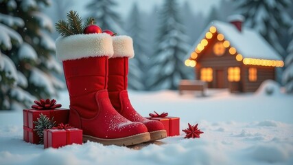 Festive red boots with gifts and snowy cabin in winter wonderland for happy st. nicholas day ai