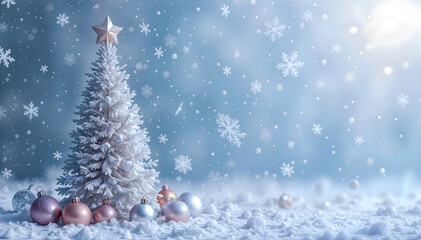white christmas tree, 3D style, christmas balls, 3D style. lilac and light blue gradient background, raining snowflakes, ground is full of snow, 3D style