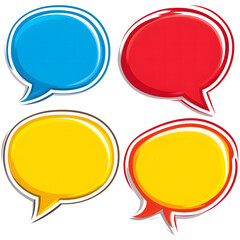 Three empty speech bubbles, vector graphics, simple shapes design, red, blue, and yellow color palette, white background design,