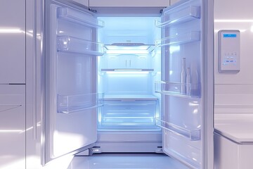 Fototapeta premium Empty fridge with open doors. Use for food storage, appliance or kitchen design.