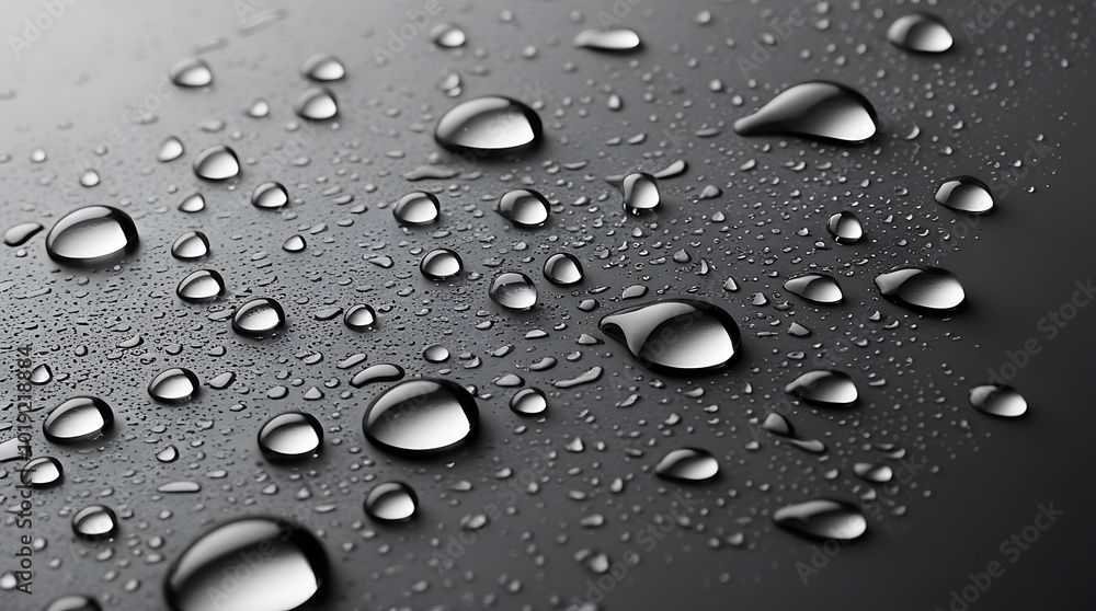 Poster close up view of water droplets with different sizes scattered across a smooth, dark gray metallic t