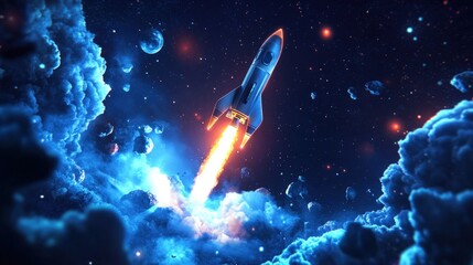 Obraz premium A futuristic rocket blasts off into space, leaving a trail of fire and smoke behind it. The rocket is surrounded by clouds and stars.