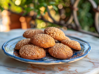 Delicious Greek melomakarona honey cookies topped with sesame seeds, beautifully arranged on decorative plate.