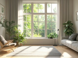 Sunny living room with large window, plants, rug, and couch.