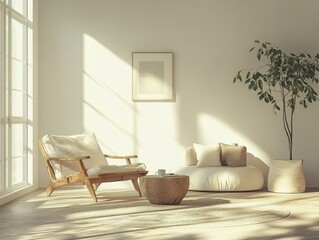 Minimalist living room with wooden furniture.