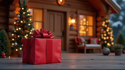 Red gift box on wooden porch with cozy cabin and lit christmas trees in background, celebrating happy st. nicholas day, ai