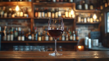 Glass of red wine on a bar counter with bottles blurred in the background