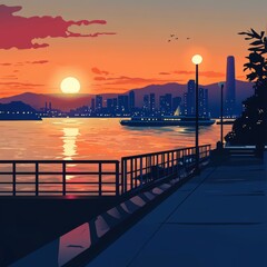 Silhouetted cityscape at sunset with a ferry.