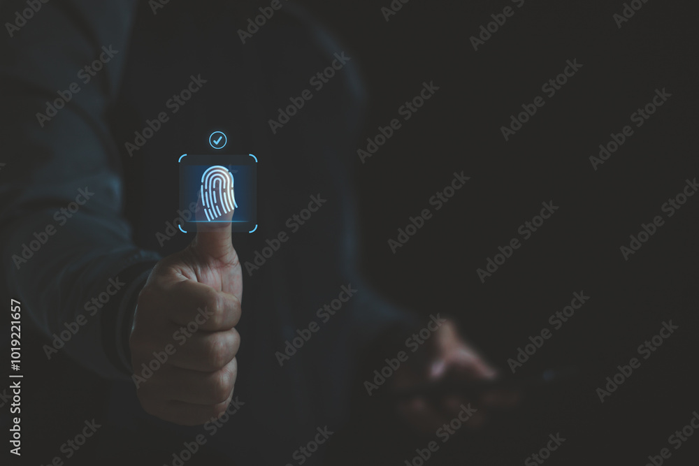Fototapete Fingerprint scan provides security access with biometrics identification. Thumbs up with virtual fingerprint to scan biometric identity, access password for technology security system prevent hacker.