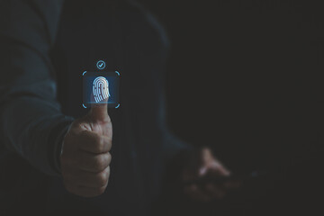 Fingerprint scan provides security access with biometrics identification. Thumbs up with virtual fingerprint to scan biometric identity, access password for technology security system prevent hacker.