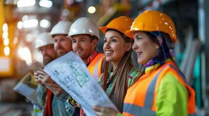 Diverse team of engineers reviewing blueprints on a construction site, hard hats and safety vests visible, mixture of genders and ethnicities, late afternoon sunlight
