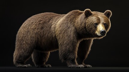 Obraz premium Majestic brown bear standing in a natural pose against a dark background, showcasing its powerful physique and thick fur.