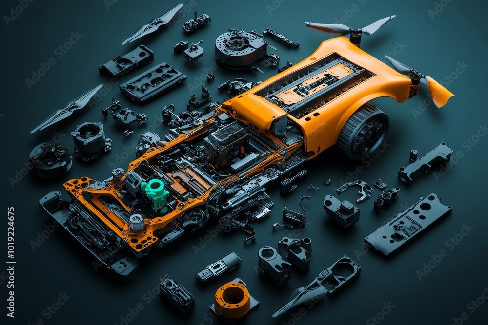 Poster 3D model of a disassembled drone, with each component digitally recreated for reverse engineering purposes, showcasing the precision of the process