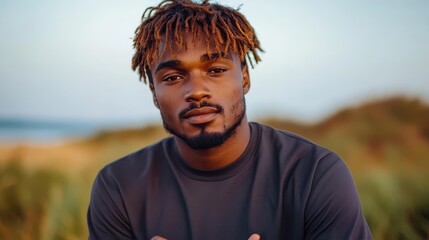 Close-up portrait of a young man in natural setting with contemplative expression