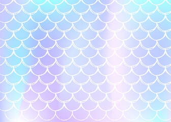 Holographic mermaid background with gradient scales. Bright color transitions. Fish tail banner and invitation. Underwater and sea pattern for girlie party. Hipster back with holographic mermaid.