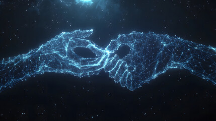 Two hands holding each other, against a digital technology background design, in a low-polygon style design, with a blue light effect on a dark black background design