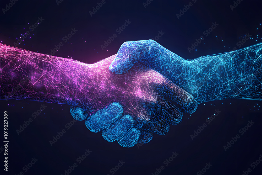 Poster two hands shaking in the shape of an abstract digital network design, symbolizing collaboration and 